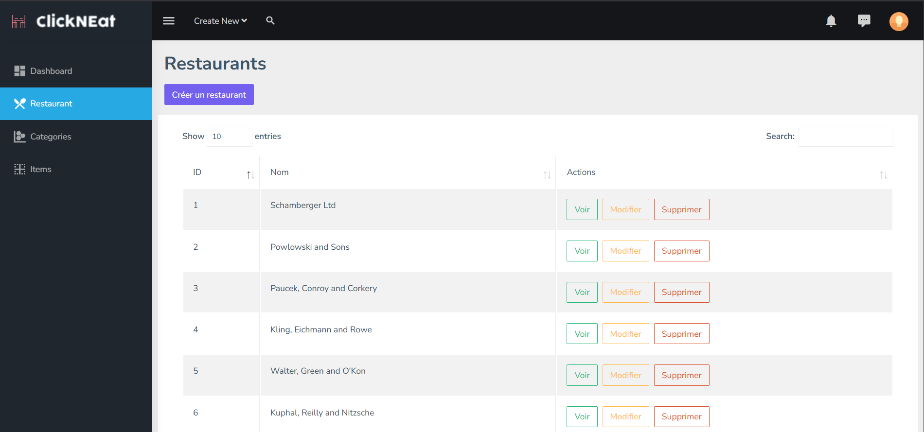 Interface d'administration ClickNEat