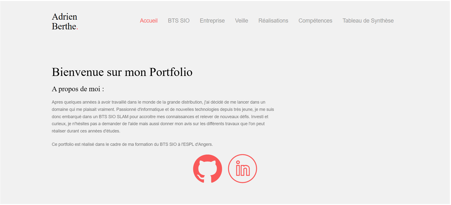 Page d'accueil du portfolio